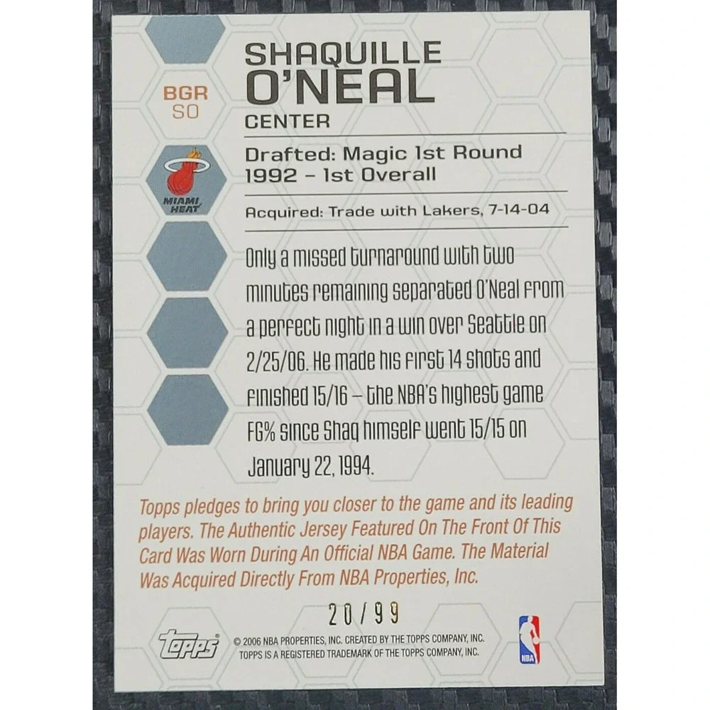 2006-07 TOPPS BIG GAME SHAQUILLE O'NEAL‎ BIG GAME COLLECTION GU JERSEY #D 20/99